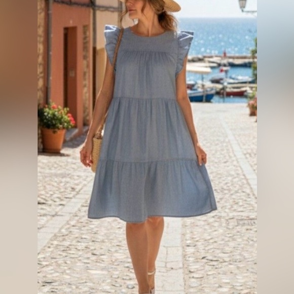 J Crew, Chambray, Tiered, Cap Ruffled Sleeve Dress
Sz 4
Excellent Condition - Picture 2 of 8